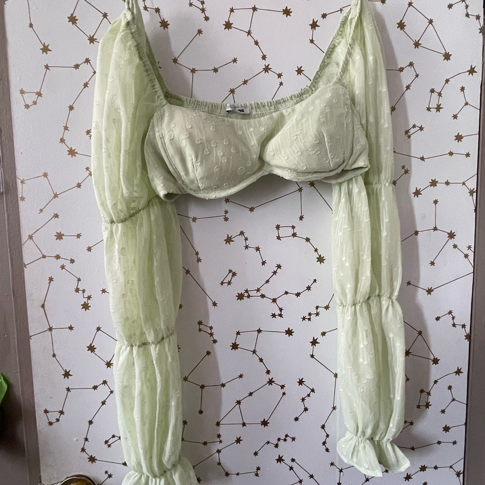 Sage Green Floral Puff Sleeve Crop Top